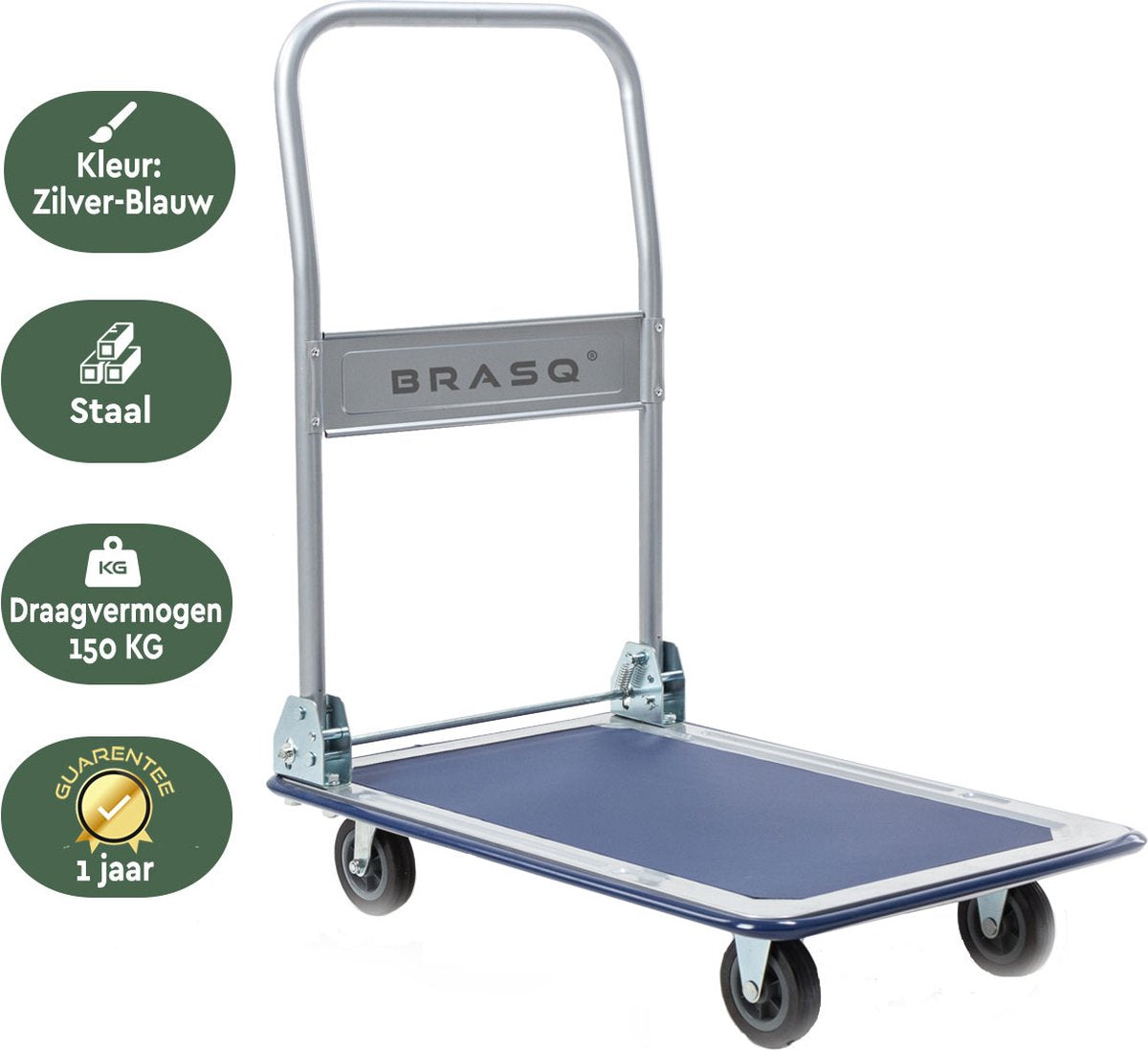 BRASQ Plateauwagen Inklapbaar - Draagvermogen 150 KG - Transportkar - Transportwagen - Magazijnwagen - Platformwagen