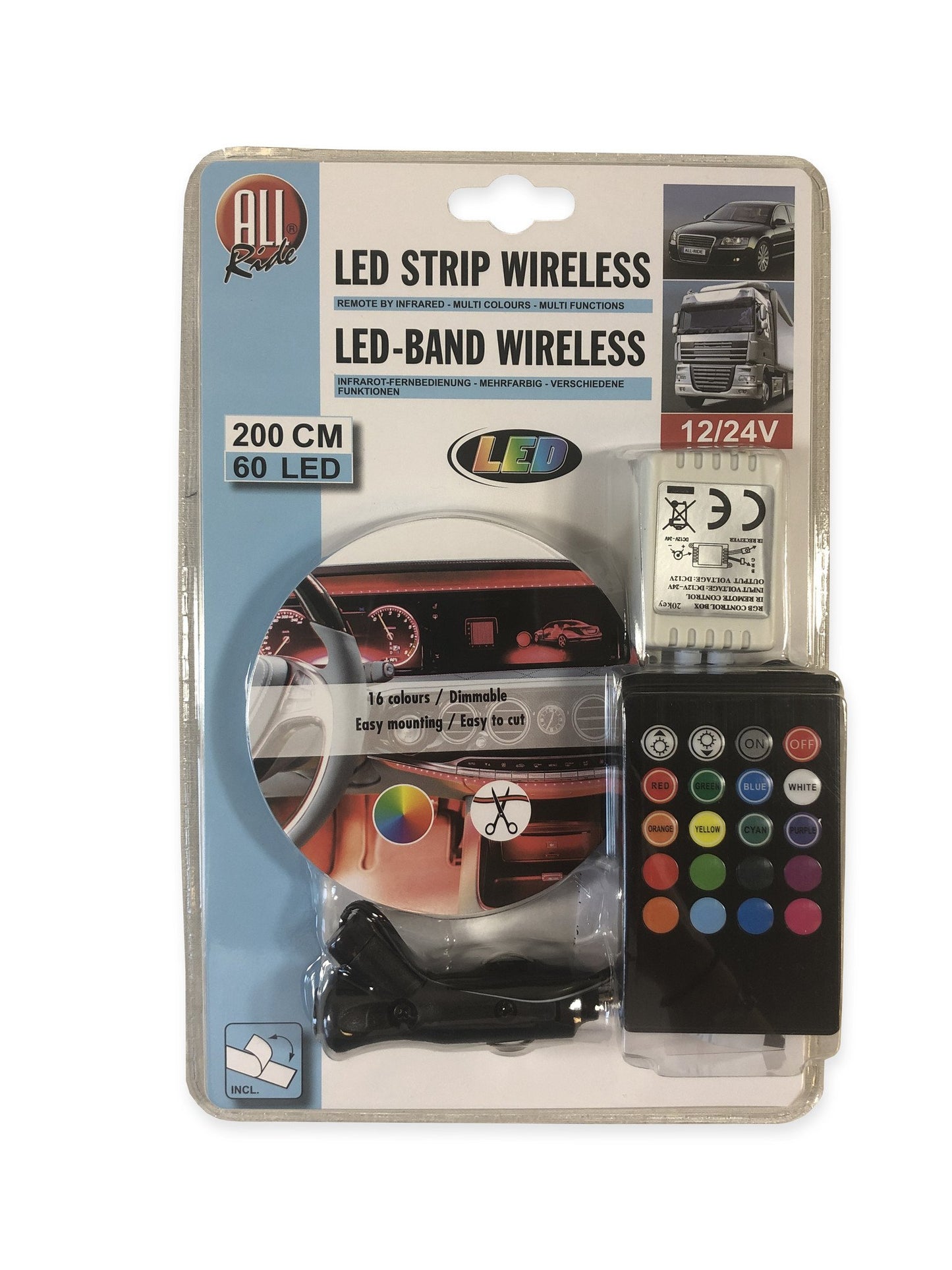 Allride LED Strip 60LED 2m – 12/24V met afstandsbediening en dimfunctie