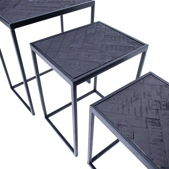 Bergen Bijzettafelset van 3 Tafels - Visgraat Patroon - Teakhout - 48 x 59 x 37 cm - Zwart