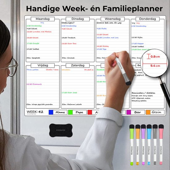 Systemyze Weekplanner Whiteboard – Magnetisch Planbord – Magnetische Maandplanner – Inclusief Markers & Wisser – A3 Formaat