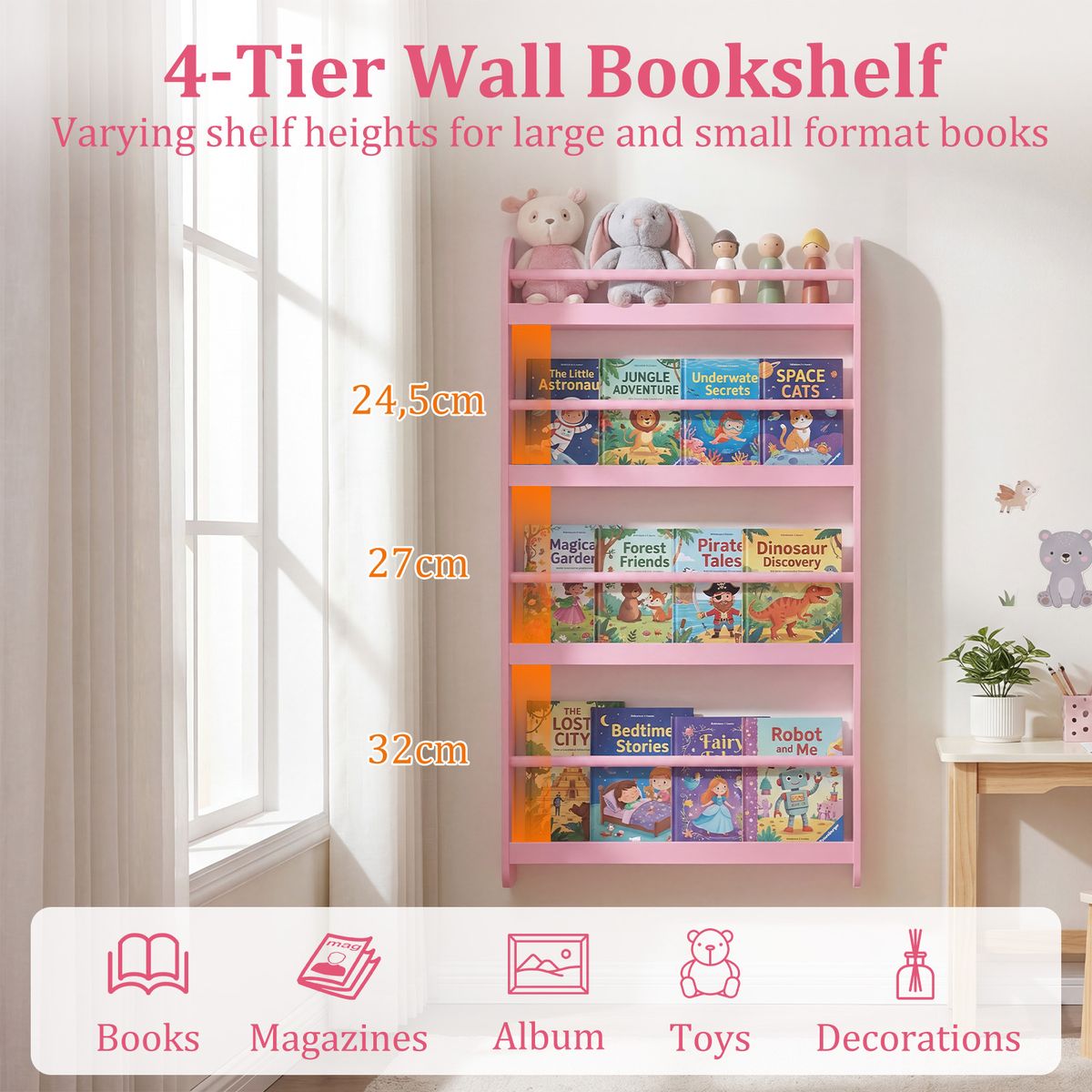 Coast Kinderboekenrek wandplank - ruimtebesparend - 4 planken - wit/roze
