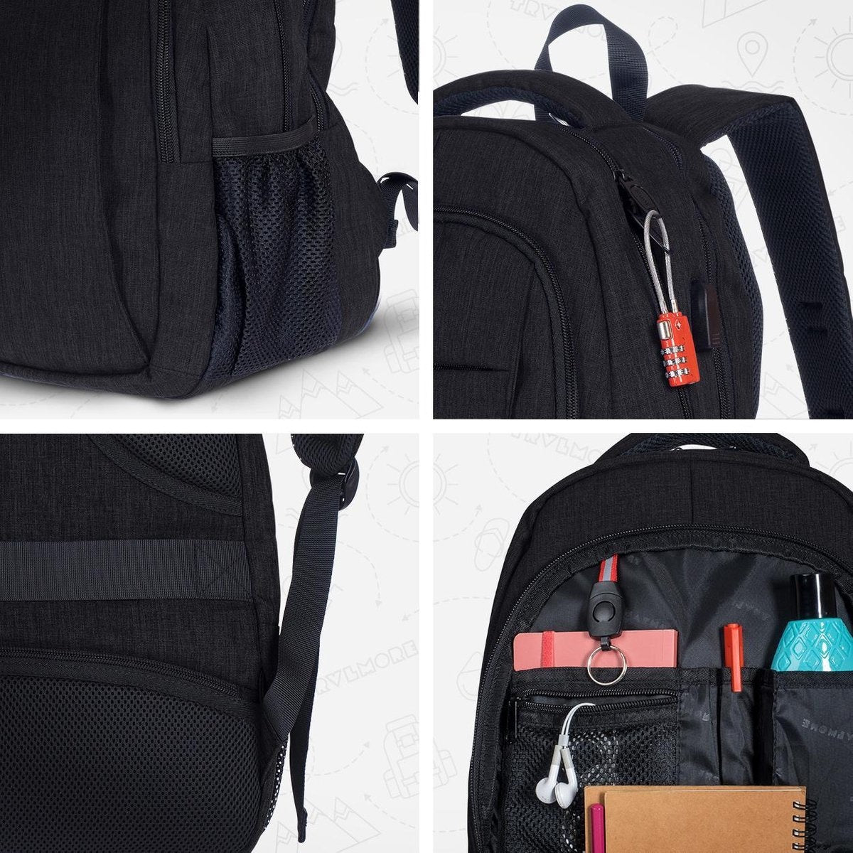 TRVLMORE Rugzak - 28L - 15,6 inch - Laptop Rugtas - Schooltas - Unisex - Spatwaterdicht Zwart