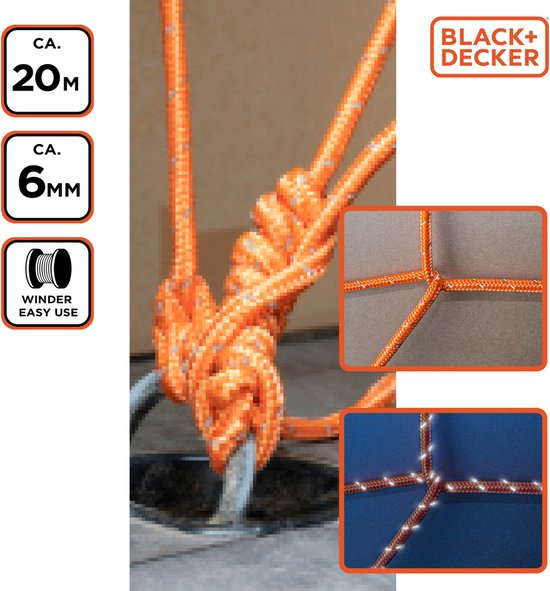 BLACK+DECKER Spanband met Oproller - Sjorband 20 Meter - 6MM - Nylon - Oranje