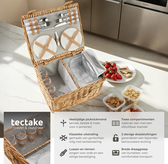 tectake® Picknickmand Set Terschelling – 21-delig – Luxe Picknickset 2 Pers. – Inclusief Koelvak & Bestek