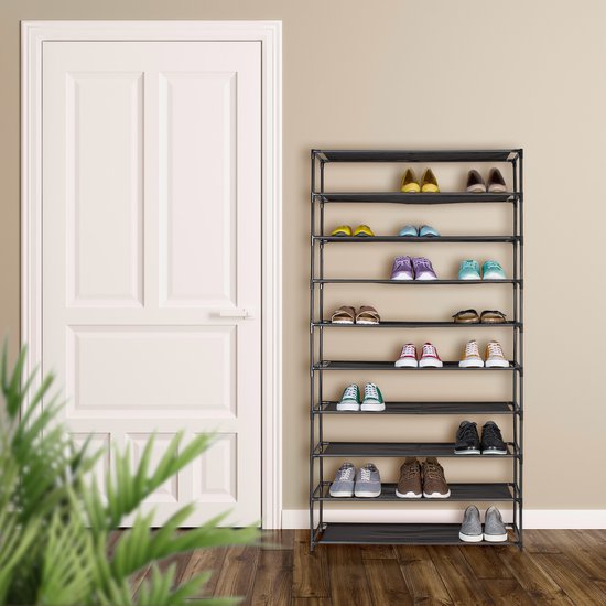 schoenenrek hoog - 10 lagen - metaal - stof - 83 cm breed - zwart