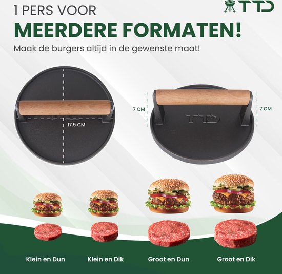 TTD® Hamburgerpers Gietijzer XL - Hamburgermaker Extra Zwaar - Hittebestendig - Strakke Grillgroeven - BBQ Accesoires - Barbecue Accessoires - Smash Burger - BBQ Gereedschap