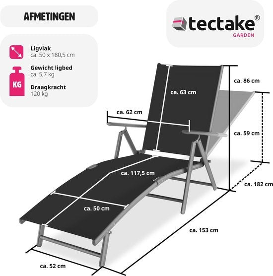 tectake® - Ligstoel ligbed zonnebed - verstelbare rugleuning - donkergrijs