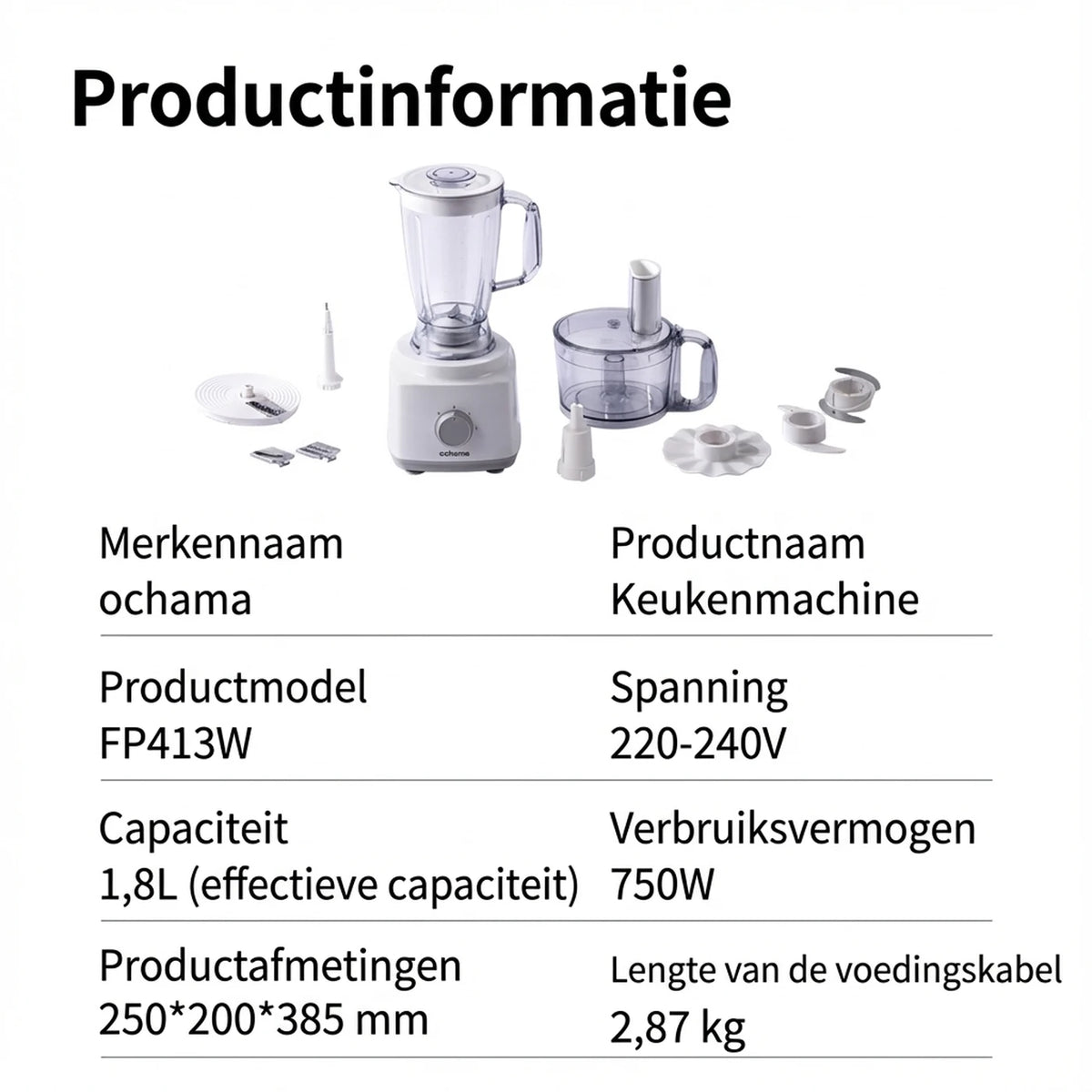 Ochama Keukenmachine 750 W – 1,8 L – Multifunctioneel – Hakmolen, Blender, Vleesmolen, Groentesnijder en Rasp – Roestvrijstalen Messen