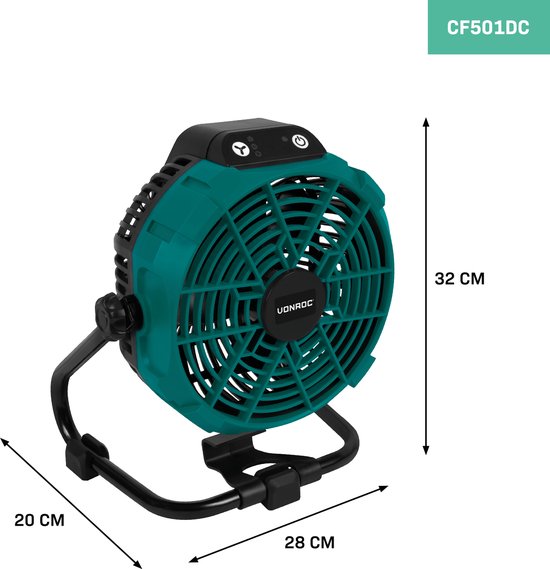 VONROC Ventilator 20V - voor draadloos en bedraad gebruik - Incl. netstroom adapter - Zonder accu & lader