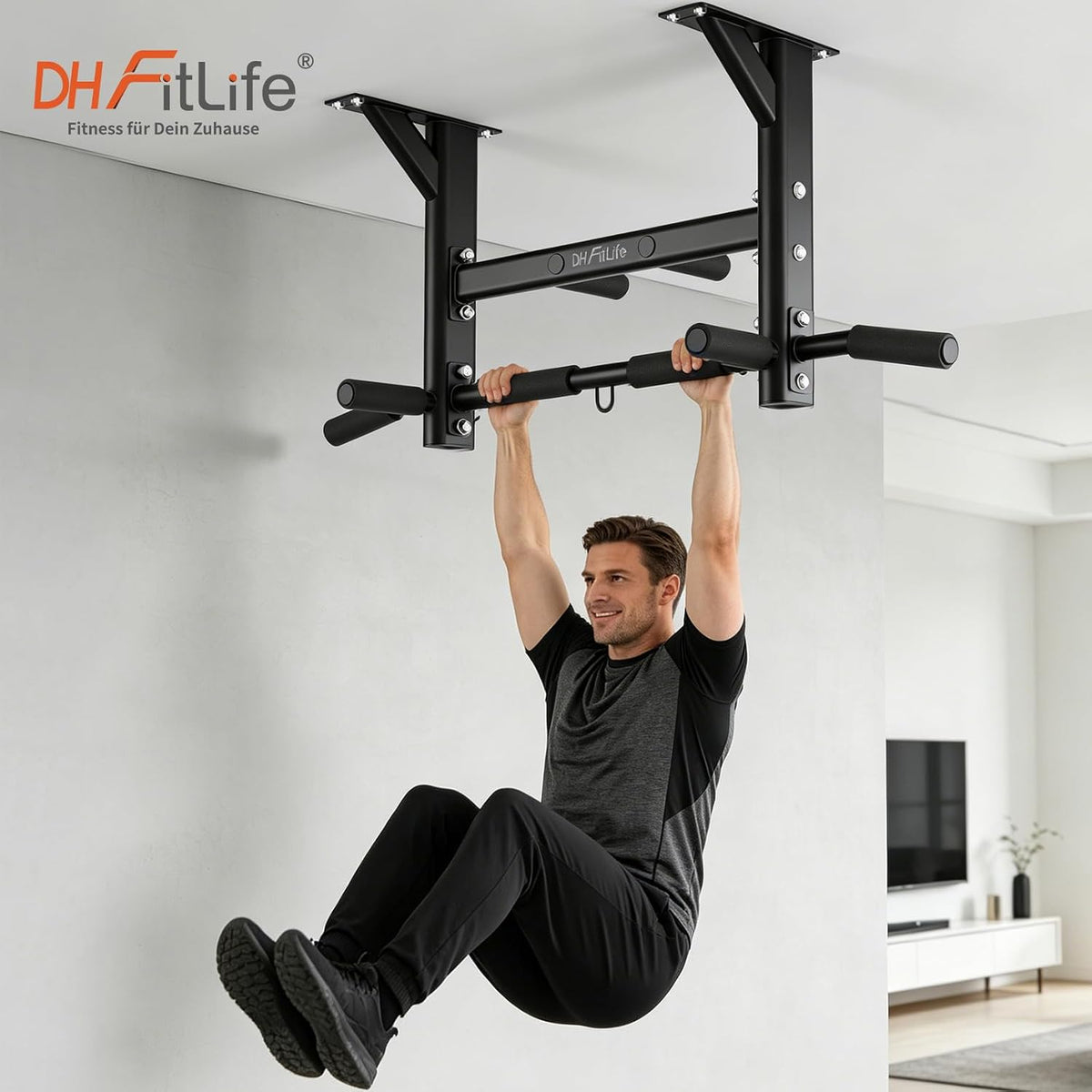 DH FitLife Plafond Optrekstang 4-in-1 - 8 Grepen - Tot 300 kg - 44,5 x 25,5 cm - Zwart