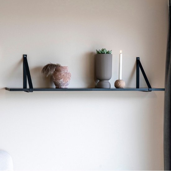 Zwarte wandplank met leren riemen - 120x20 cm - House Nordic - Woonkamer - Zwart - rubber; Echt leder - Woonkamer - Op voorraad