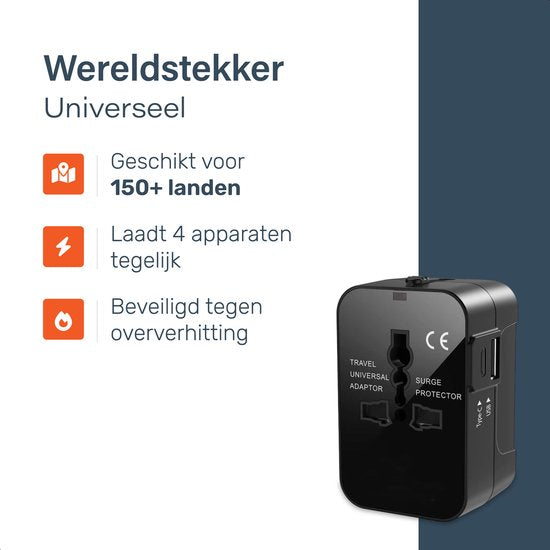 Universele wereldstekker 150+ Landen - Internationale - Verloop - Reis stekker - Adapter - Voor Amerika, Zuid Amerika, Engeland (UK), Azië, Europa, Afrika, Italië, Thailand, Curacao - 2x USB-C en 2x USB-A - Type G, Lichtgewicht - Skoov