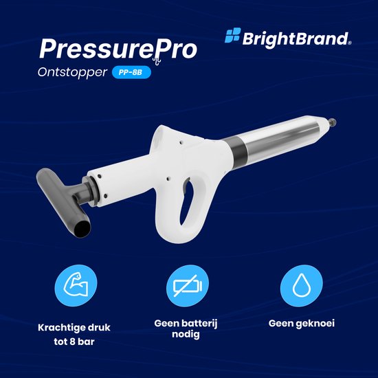 Brightbrand PressurePro Afvoer ontstopper – Toilet Ontstopper – Hogedruk Ontstopper – Wasbak Ontstopper - Inclusief Opzetstukken voor Diverse gootstenen – Ontstoppingsveer – Plopper - Drain