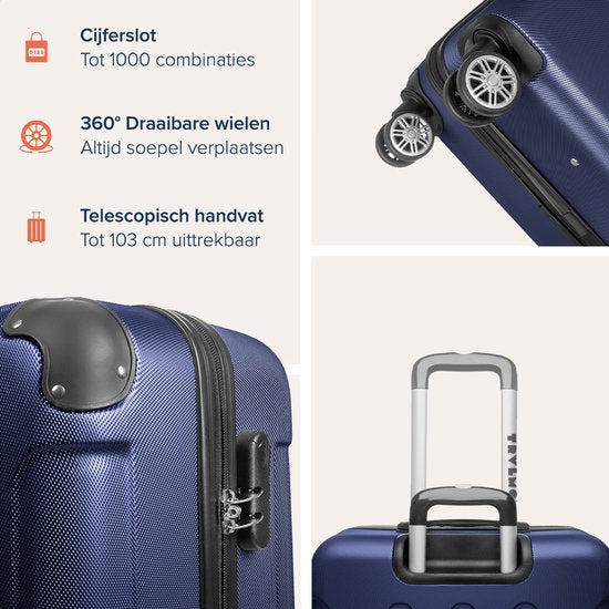 TRVLMORE Kofferset - 3 Delig - 38L Handbagage + 70L en 110L Ruimbagage - Lichtgewicht - Trolley - Reiskoffer Set - Donkerblauw