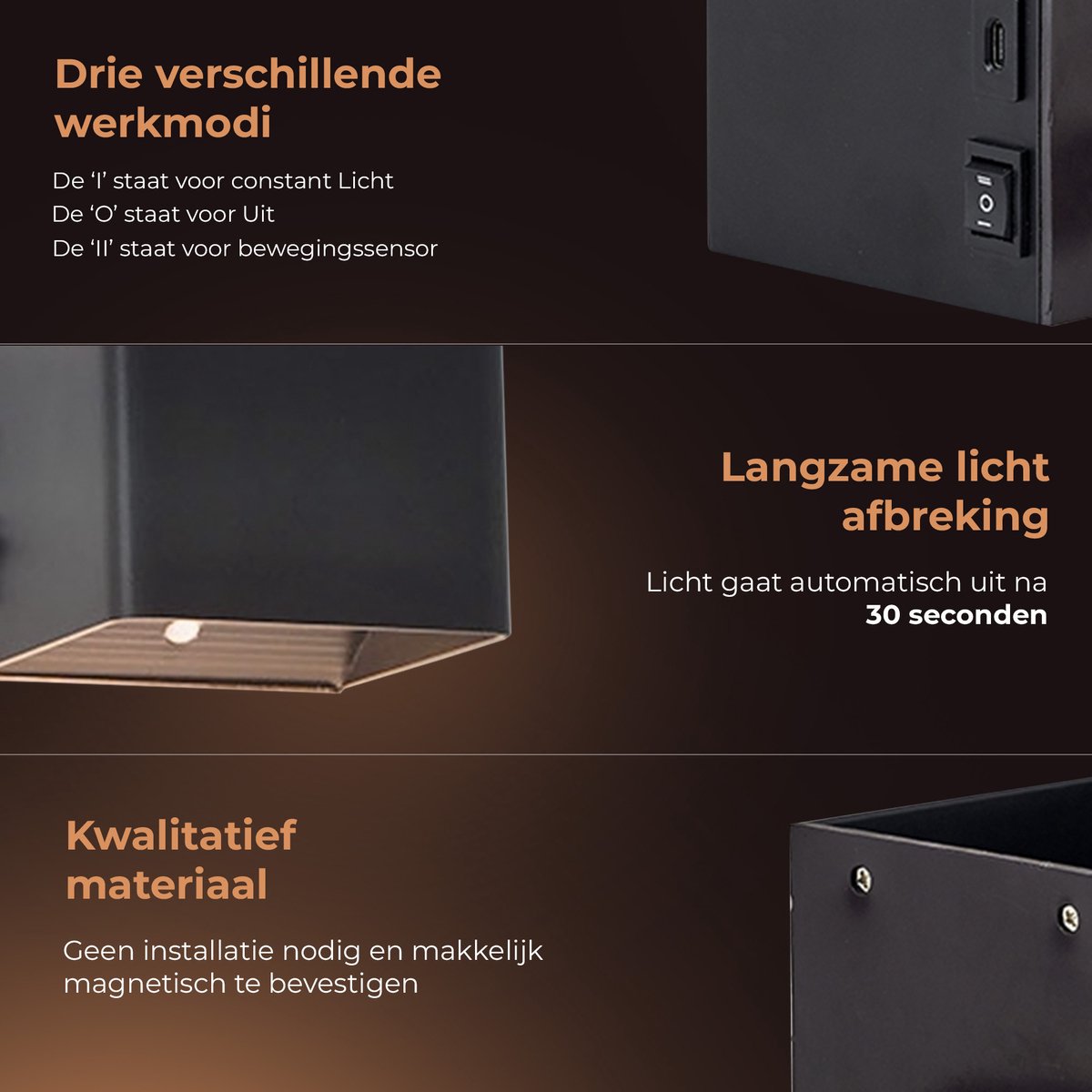 Techvavo® Oplaadbare Wandlamp Zwart - 1 Stuks - 19x4x1,8 cm - Smart Bewegingssensor - Voor Binnengebruik - USB Oplaadbaar - Draadloos - Woonkamer, Badkamer, Slaapkamer