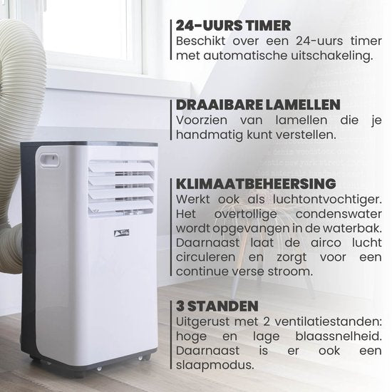 TechnoLife TL-9001 Mobiele Airco - Airconditioning - 9000 BTU - Wit/Zwart