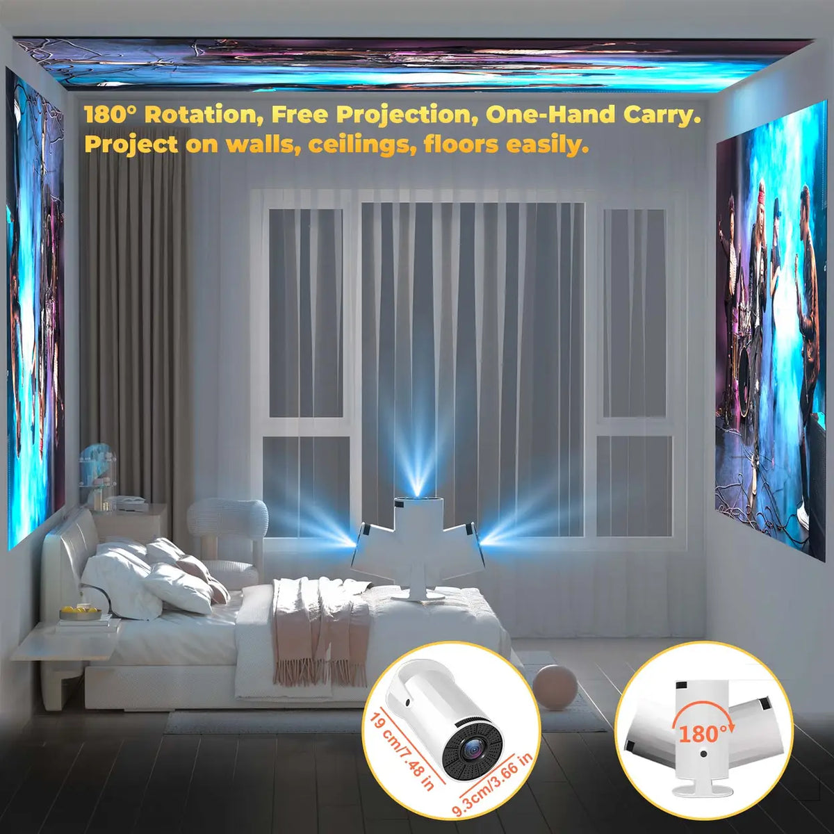 XBJ Draagbare Mini Beamer - Blauw - Android 11 - WiFi 6 & Bluetooth 5.2 - 200 ANSI - 180° Draaibaar - Beeld 40 tot 200 Inch - 14 x 11,9 x 21,8 cm