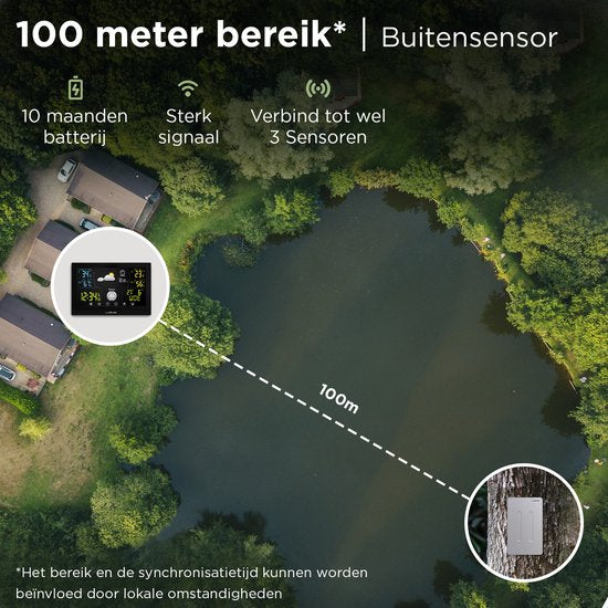 LONQ Weerstation Binnen en Buiten Q3 - Incl. Batterijen - Draadloos Weerstation met Buitensensor - Thermometer Hygrometer - Touchscreen Kleurendisplay - DCF Gestuurde Klok