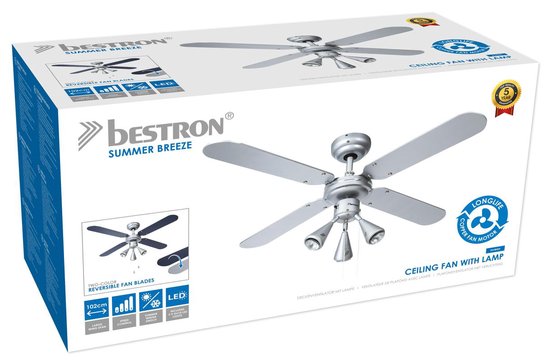 Bestron Plafondventilator met verlichting, 3 snelheden & extra grote spanwijdte van Ø102cm, incl. Zomer-/winterfunctie, 3 x GU10 LED-lampjes, 50Watt, DLHB42S, kleur: zilver/blauw