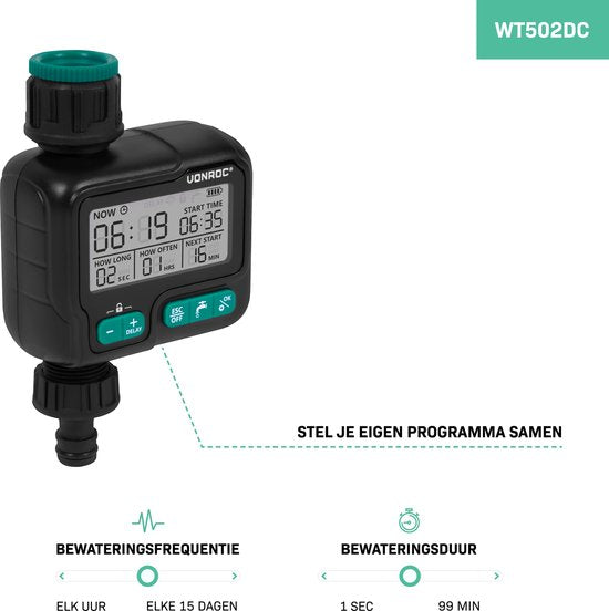 VONROC Watertimer - Besproeiingscomputer - digitaal - automatisch irrigatiesysteem – ruim instelbare interval en duur: 1uur tot 15 dagen/ 1sec tot 99min – IPX5 waterbestendig