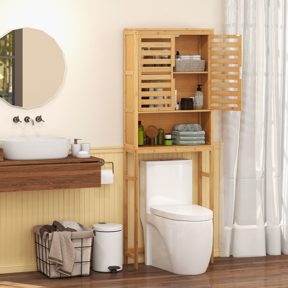 Coast Badkamerkast boven het toilet - hoge bamboe opbergkast met 2 deuren - ruimtebesparend - natuurlijk - 62 x 23 x 170 cm