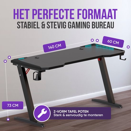 Avalo Gaming Bureau - 140x60x73 CM - Game Desk Met LED Verlichting - Gaming Desk - Tafel - Zwart