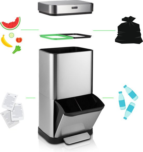 Umuzi Cleaning Zilveren Prullenbak - Met Sensor en Pedaal - 4 Compartimenten - Eenvoudig Afval Scheiden - RVS - 70 Liter - Recyclen - 42 x 30 x 80 cm