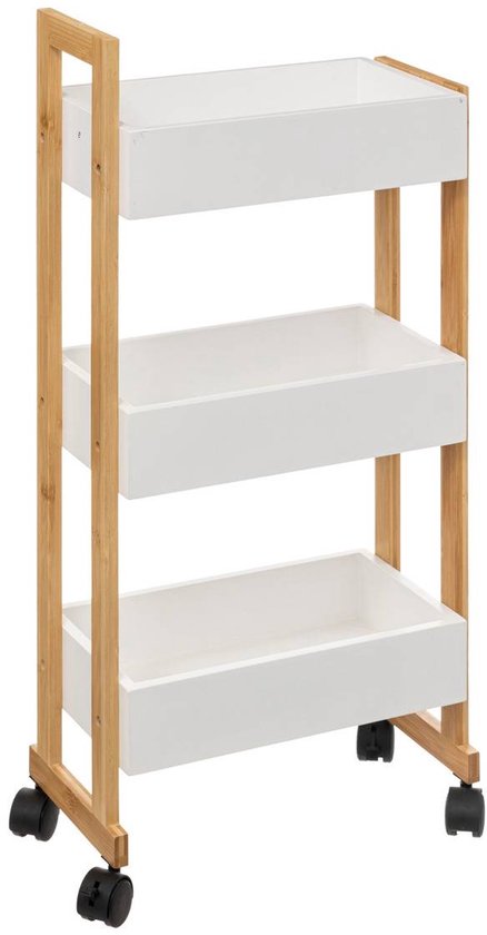 Keuken trolley 3-laags - bamboe hout - wit/bruin - 41 x 20 x 80 cm - badkamer