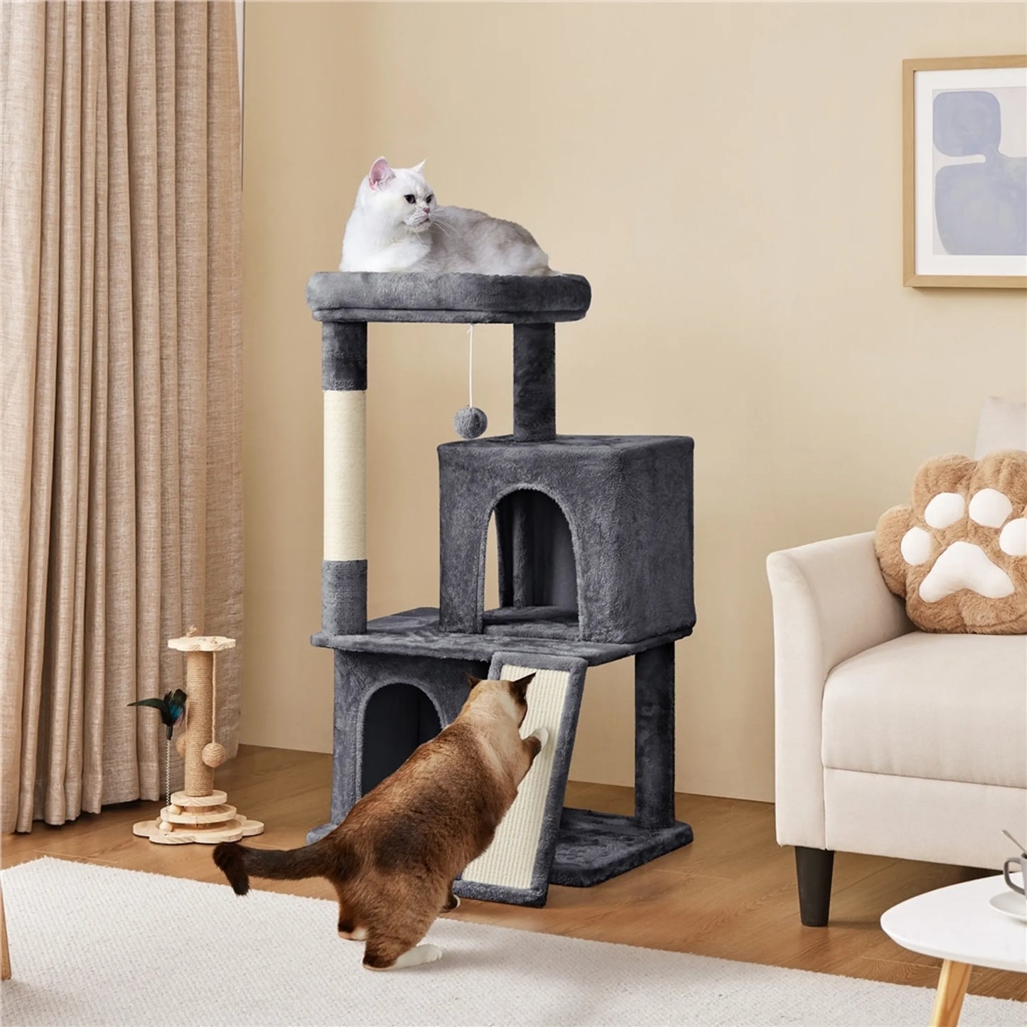 Yaheetech Krabpaal Met Twee Kattenhuisjes – Voorzien Van Uitkijkplatform En Krabplank En Sisalpaal En Speelbal – Voor 1-2 Kleine Tot Middelgrote Katten – Donkergrijs Pluche En Sisal – 60 x 45 x 106 cm