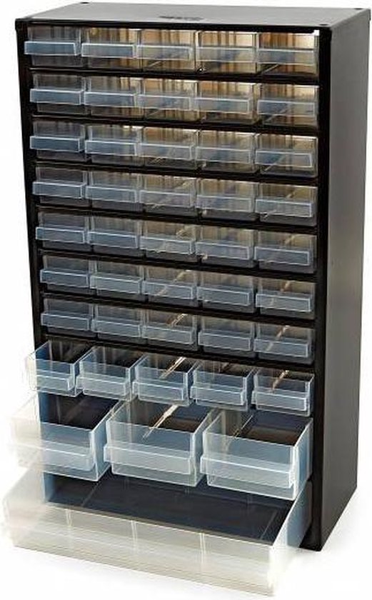 Raaco Ladekast met 44 lades - Metalen Assortimentskast - Opbergsysteem voor o.a. schroeven en bouten - Kan aan de muur bevestigd worden - Incl. 10 tussenschotjes - 150x510x303 mm
