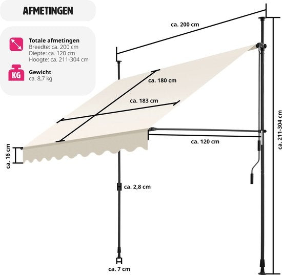tectake - klemluifel - Zonnescherm – Zonneluifel - Verstelbaar - Klem-zonwering - Zonnescherm Balkon - 200 x 180 cm - beige – zonwering - 404957