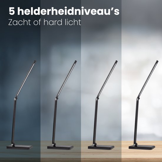 Auronic Bureaulamp - LED - USB en Draadloos Mobiel Opladen - Timer - Dimbare Klemlamp - Wit en Warm Licht - Zwart