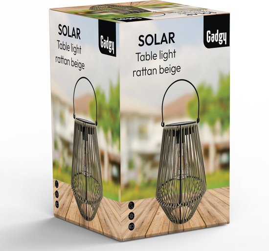 Gadgy Solar Tuinverlichting Rattan Beige - Tuinverlichting op Zonne Energie - Solar Tafellamp met USB-aansluiting - Buitenlamp Tuinbeeld - Tuinlantaarn met Dag/Nacht Sensor - Verlichting voor Buiten - Lantaarn Tuin