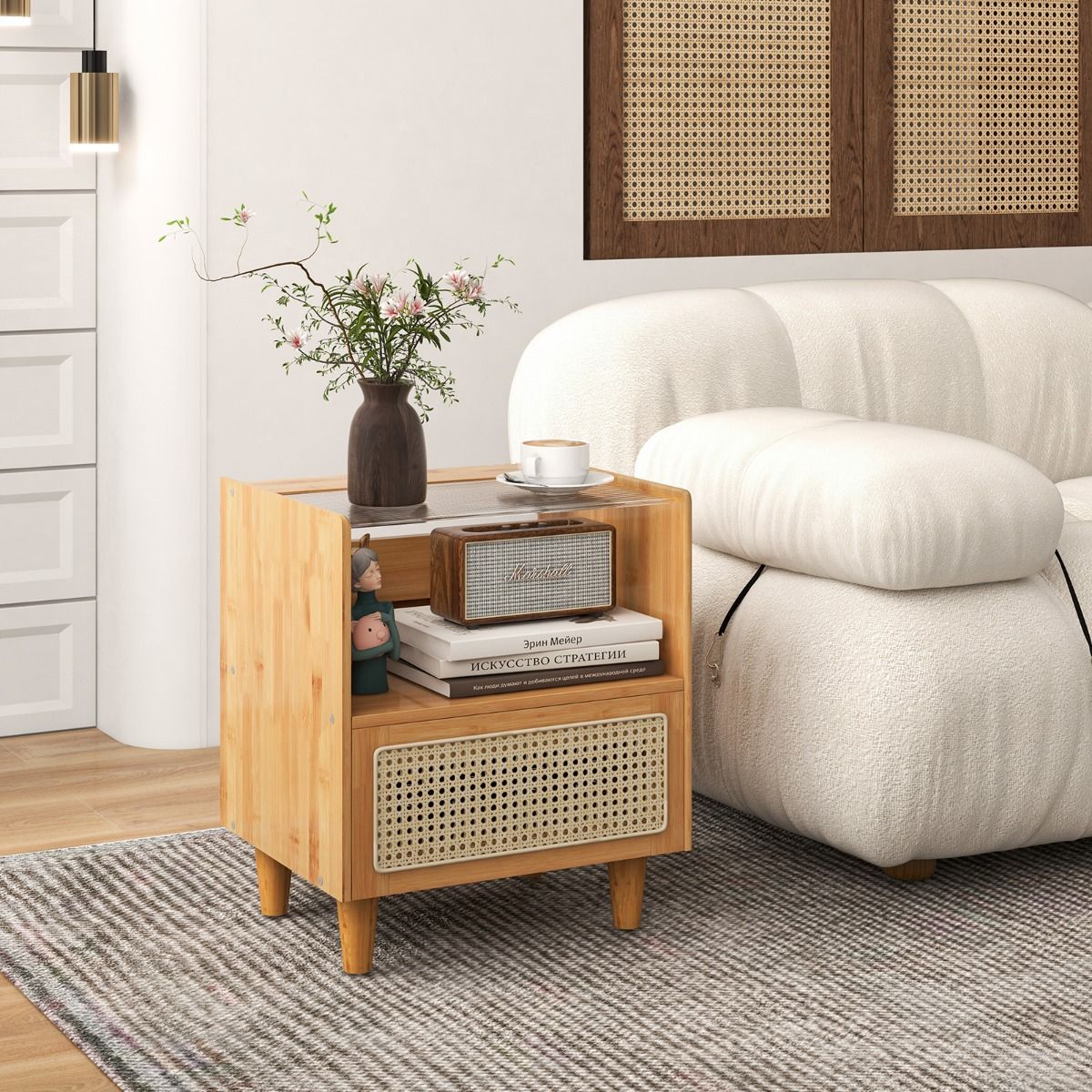 Coast Nachtkastje set van 2 - bamboe en rotan - lade en open vak - natuurkleur 43 x 35 x 50 cm