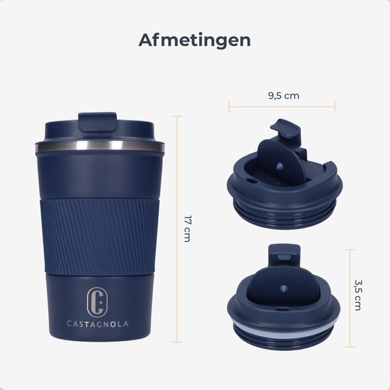 Castagnola Thermosbeker - Koffiebeker To Go - Travel Mug voor Koffie en Thee - Theebeker - 380 ML - RVS - Blauw