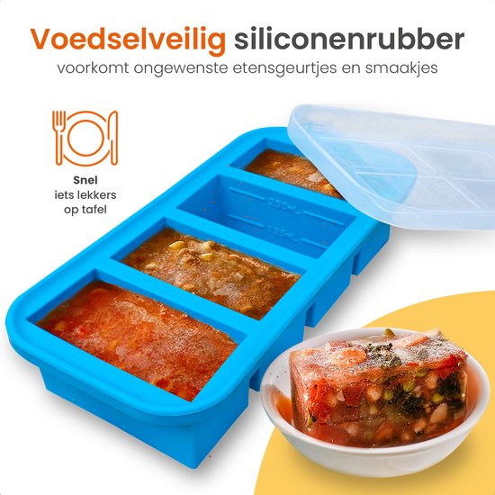 Goliving 4 in 1 Diepvriesbakjes - Vershoudbakjes - 4 x 250ml - Meal Prep Bakjes - Siliconen Bewaarbakjes met Deksel - Vershouddoos Babyvoeding - Diepvries en Magnetron - Blauw