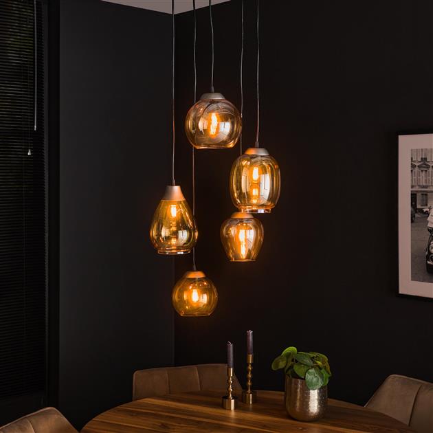 Bemade Furniture Hanglamp 5L getrapt mix / Amberkleurig glas