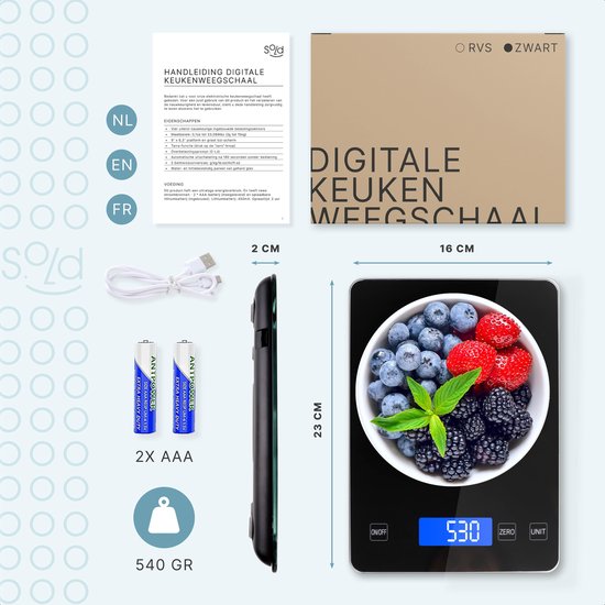 S.old Digitale Keukenweegschaal – Weegschaal Keuken - USB Oplaadbaar - 1gr tot 10kg – Tarra Functie - Zwart - 23x16x3 cm