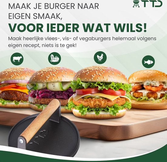 TTD® Hamburgerpers Gietijzer XL - Hamburgermaker Extra Zwaar - Hittebestendig - Strakke Grillgroeven - BBQ Accesoires - Barbecue Accessoires - Smash Burger - BBQ Gereedschap