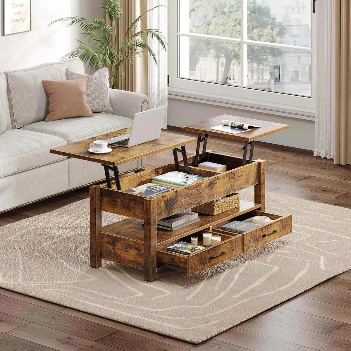Rolanstar Salontafel in Hoogte Verstelbaar - Donkerbruin - 100 x 50 x 48 cm - Met Laden, Opbergruimte