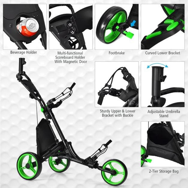 3 Wielen Golf Duwkar Snel Vouwen Golf Lopend Duwkar Golftas Houder Golftrolley voor Golfclubs Golftrolley