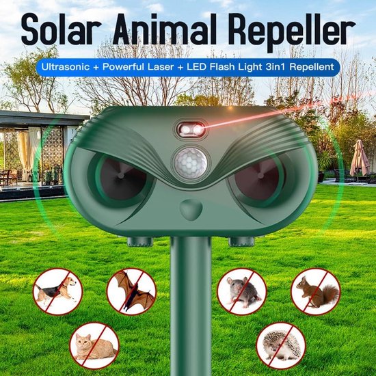 Ultrasone dierenafweermiddel met zonne-energie - tuinvos repeller voor buiten - eekhoorn en kattenafstotend - bewegingssensor en knipperlicht - stoot stinkdier, konijn en vos af