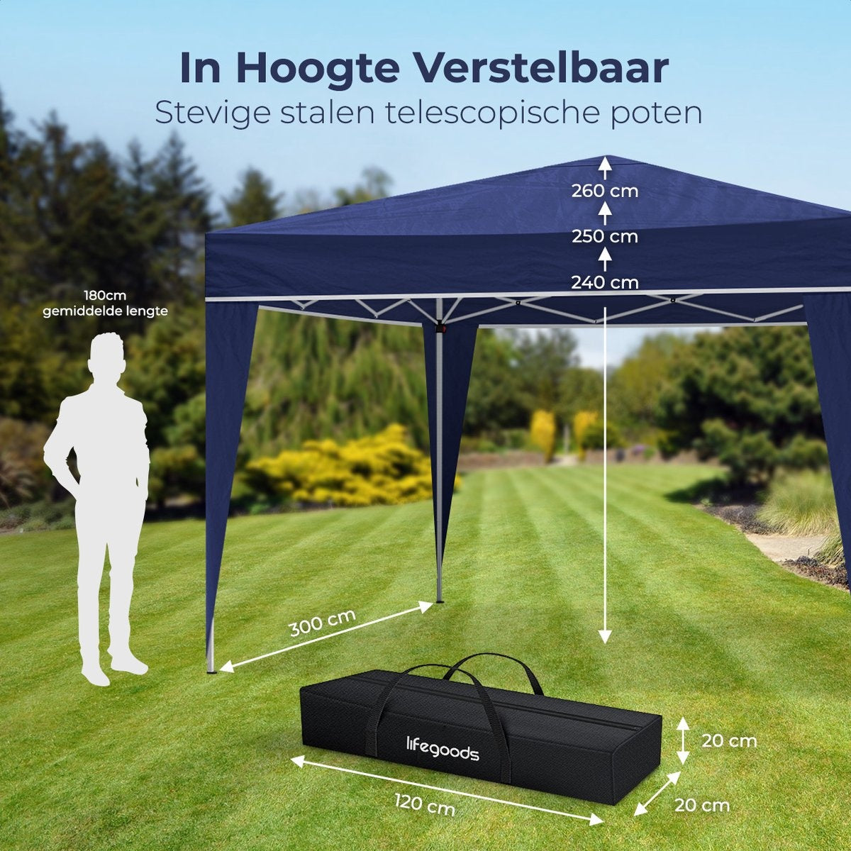 LifeGoods Partytent - Paviljoen - EasyUp - Opvouwbaar - Waterdicht - Met Draagtas - 300 x 300 cm - Blauw