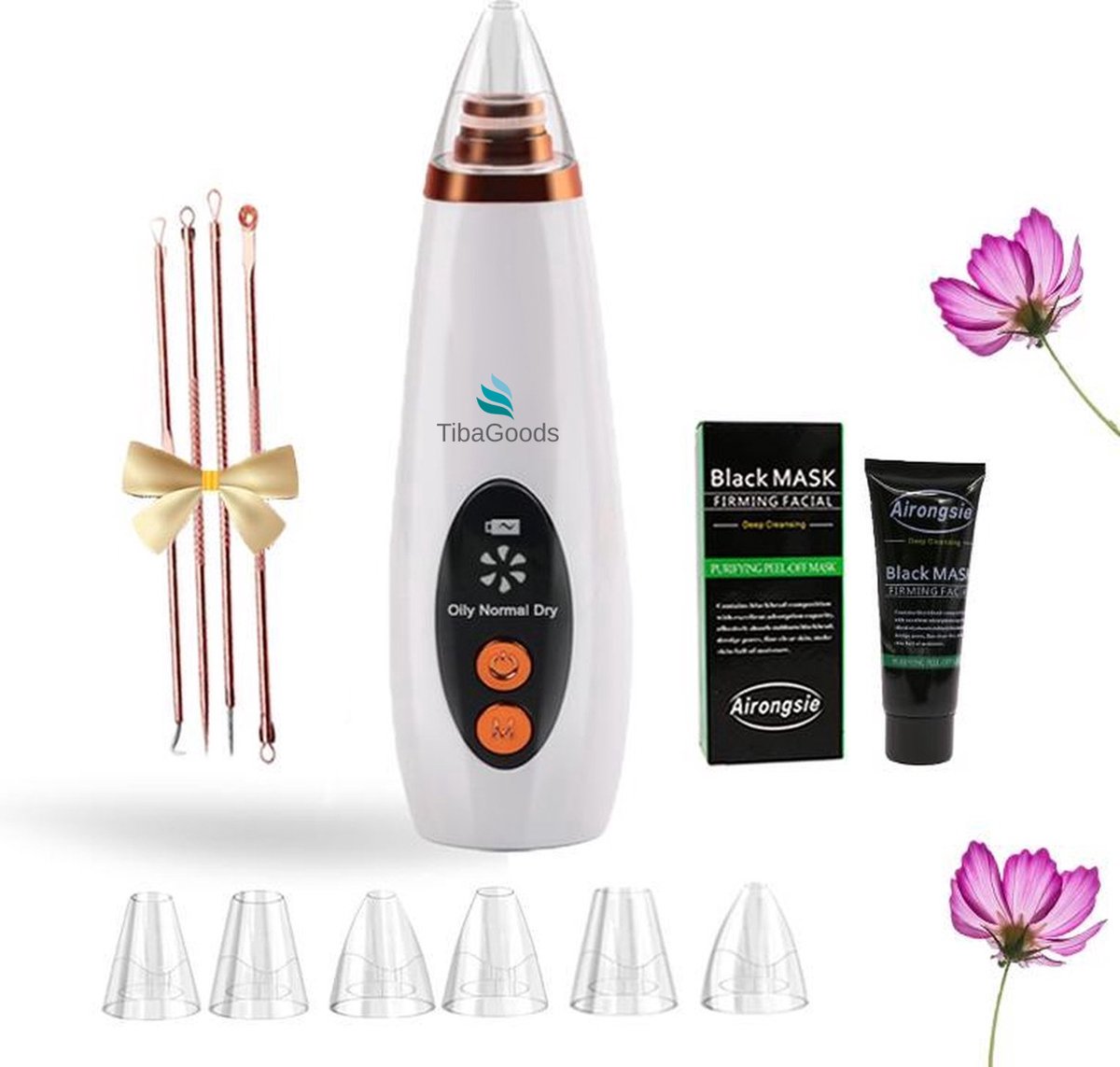 TibaGoods Premium Blackhead Remover I Poriënreiniger met 6 Opzetstukken Mee eters verwijderen | Acne | Comedonenlepels | Huidverzorging