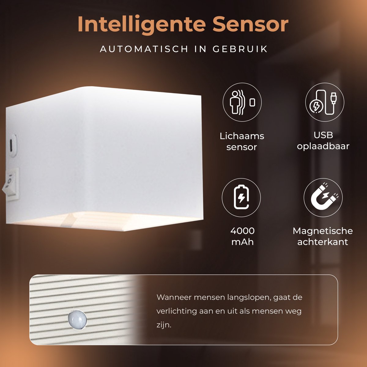 Techvavo® Oplaadbare Wandlamp - 2 Stuks - Draadloos, Smart, Wit - Voor Woonkamer, Badkamer, Kinderkamer, Slaapkamer - 12x6x4 cm