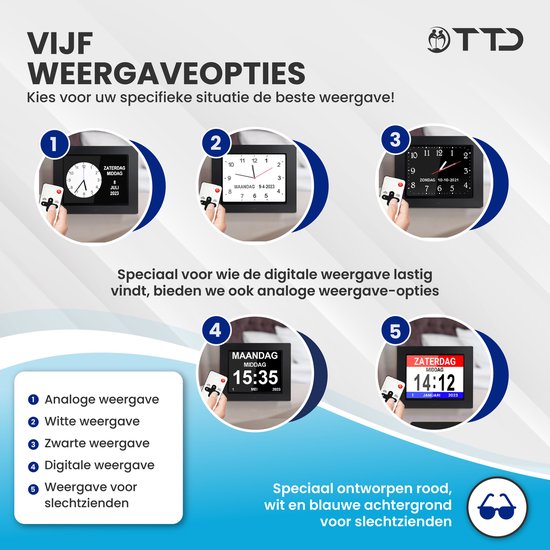 TTD® Dementieklok XL 8 Inch – Klok met Dag & Datum – Analoge & Digitale Weergaves – Handleiding in Groot Lettertype – Wekker – Kalenderklok voor Ouderen en Slechtzienden - Alzheimerklok - Seniorenklok
