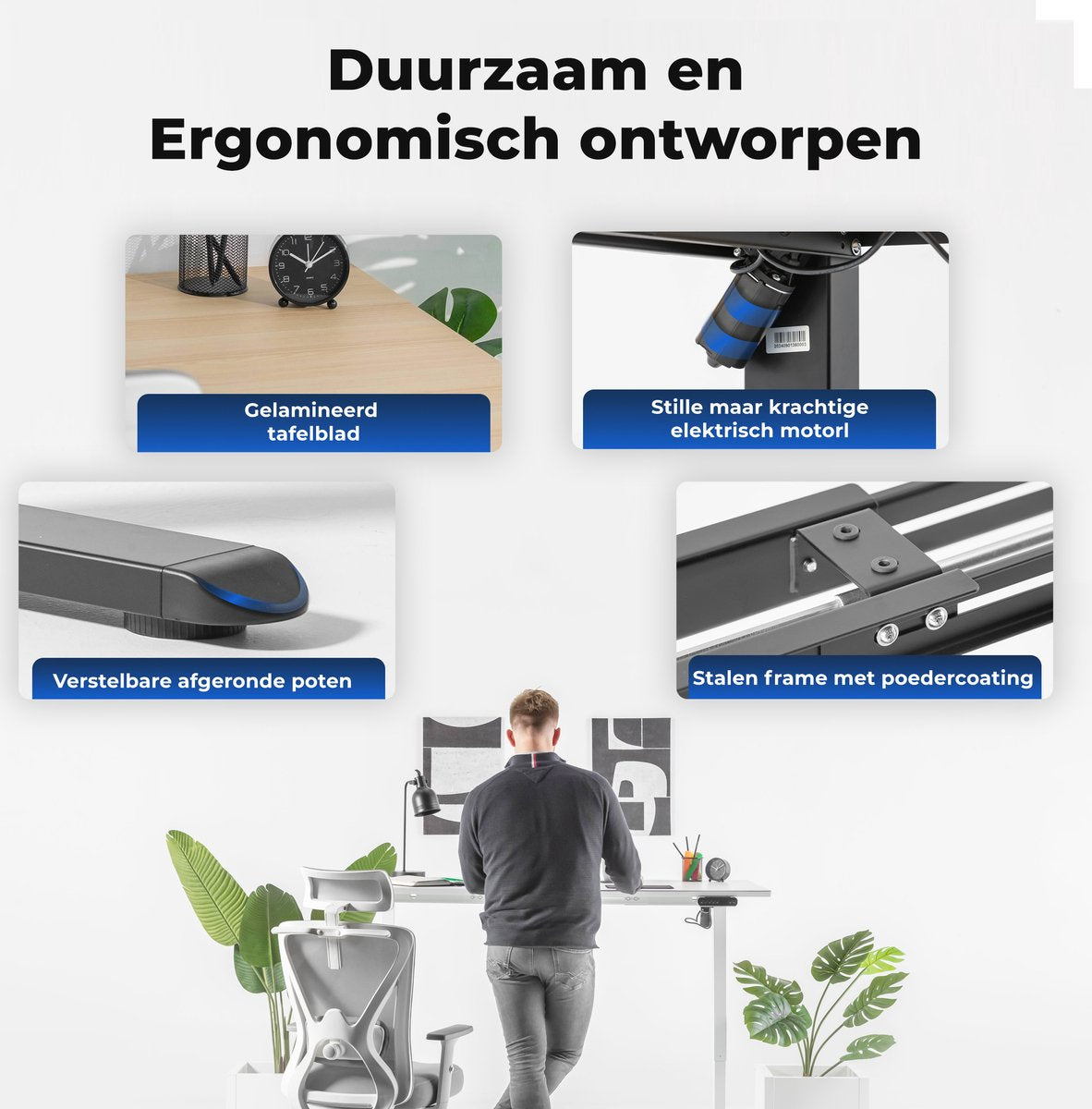 Backerz Elektrisch Zit Sta Bureau 160 x 80 cm – Wit Melamine Bureaublad met Witte Poten en Geheugenfunctie