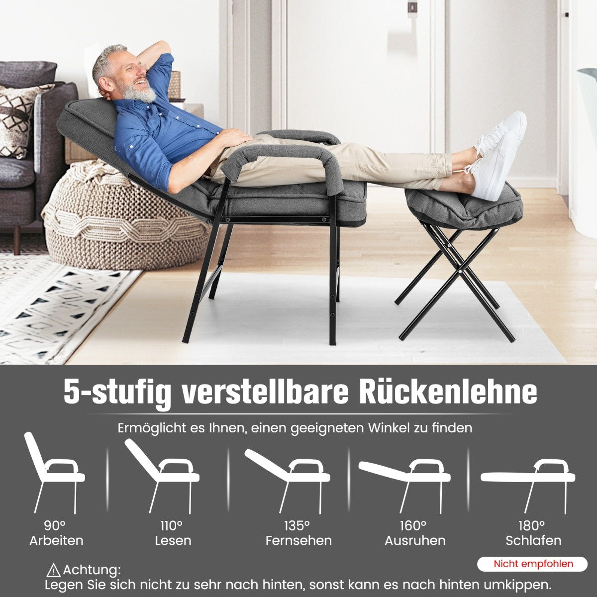 Coast AkzentStuHl + Ottoman gemaakt van linnenstof met verstelbare rugleuning en metalen frame grijs