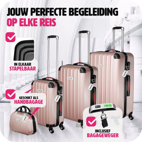 tectake® - 4-delige reiskofferset inclusief koffertrolley en bagageweger, 360° wielen, harde koffer met cijferslot, grote koffer, stapelbaar, trolley handbagage - rosegold