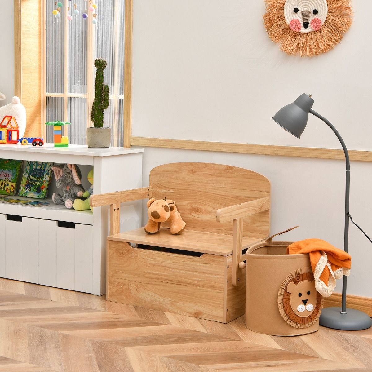 3 in 1 Kinderen Activiteitentafel met Bankje & Opbergbox – 60 x 56,5 x 43,5 cm – Natuurlijk
